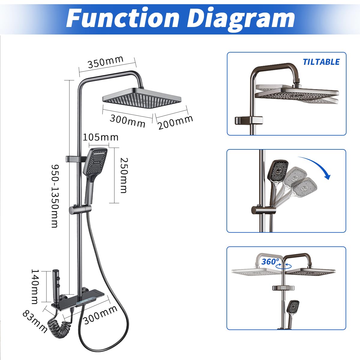 Colonne de douche avec Mitigeur, système de douche avec douche à effet de pluie 30x20cm, douchette à main,bec de baignoire caché,hauteur réglable, et pistolet d'arrosage pour la salle de bain