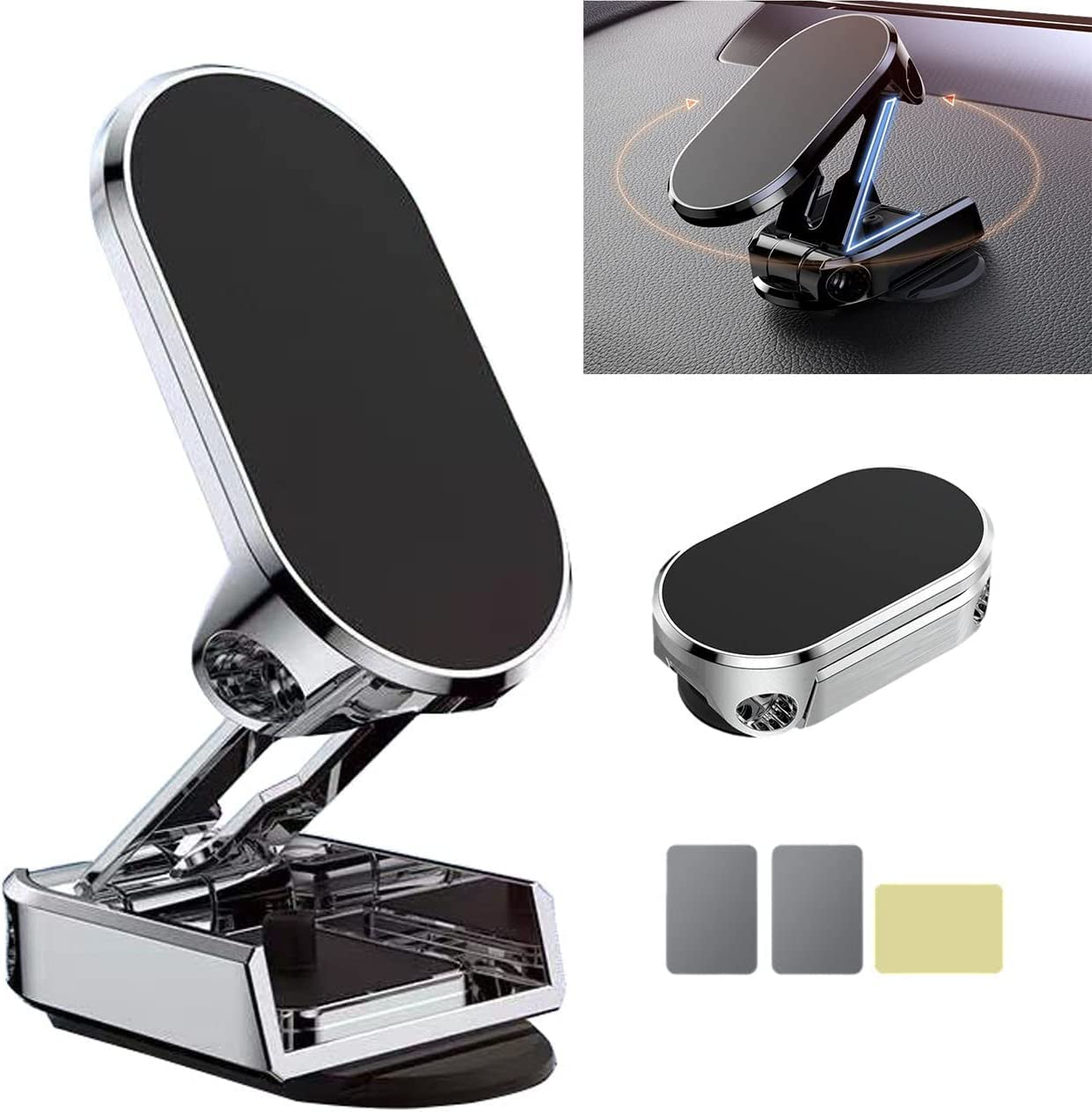 MEPRFROT Alloy Folding Magnetic Car Phone Holder,2023 New Magnetic Phone Holder for Car, 360° Rotatable Universal Magnetic Cell Phone Mount (Silver)