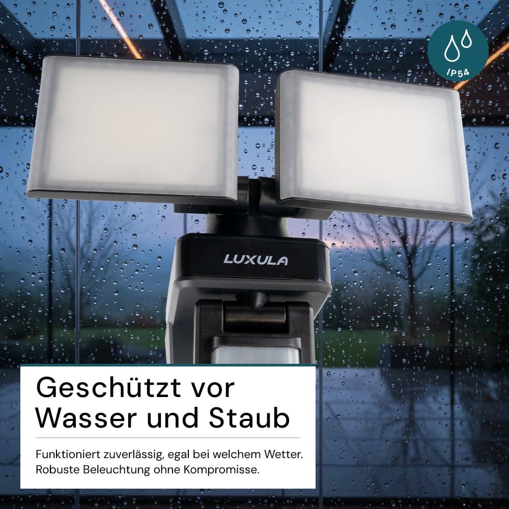 LUXULA LED Strahler mit Bewegungsmelder - 2x 15W, 3200lm - Außenstrahler drehbar, neigbar, Wand und Eckmontage - 4000K Neutralweiß - IP54 Außenleuchte Fluter Flutlichtstrahler Garten Auffahrt