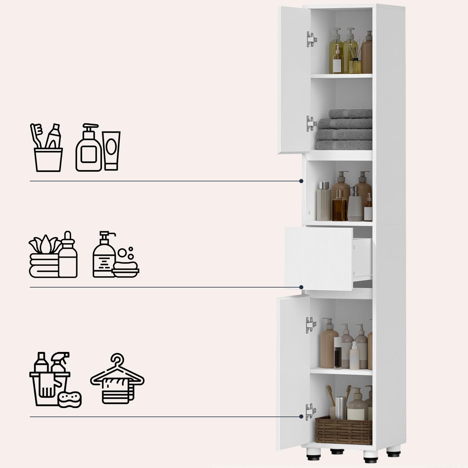 HOOBRO Armario de Baño de 30 x 30 x 170 cm, Puertas y Estantes Interiores Ajustables, 1 Compartimento Abierto y 1 Cajón, para Espacios Reducidos, Baño, Pasillo y Cocina, Acabado en Blanco EWW22BC01