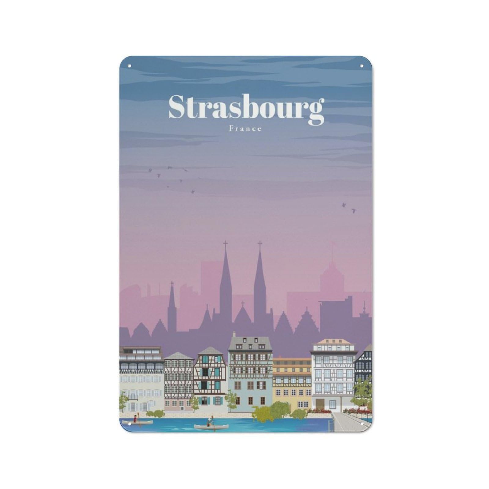 Junmoney Travel To Strasbourg Retro Metal Wall Sign 30X20cm For Hobby Room Or Studio, For Garage, Workshop And Man Cave Decoration
