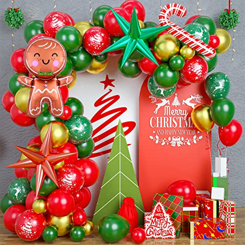 Arche de Ballons de Noël, Guirlande de Ballons de Noël Rouge Vert et Or, Ballons Bonhomme de Pain d'Epice, Bonbons et Etoiles Explosives, Ballons de Noël pour la Décoration de la Fête de Noël Cover