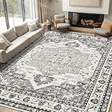 Findosom 8x10 Area Rugs for Living Room, Non-Slip Soft Washable Rug with Vintage Medallion Pattern, Low Pile Faux Wool Large Boho Rugs for Bedroom, Ding Room, Entryway and Home Decor, Grey Green