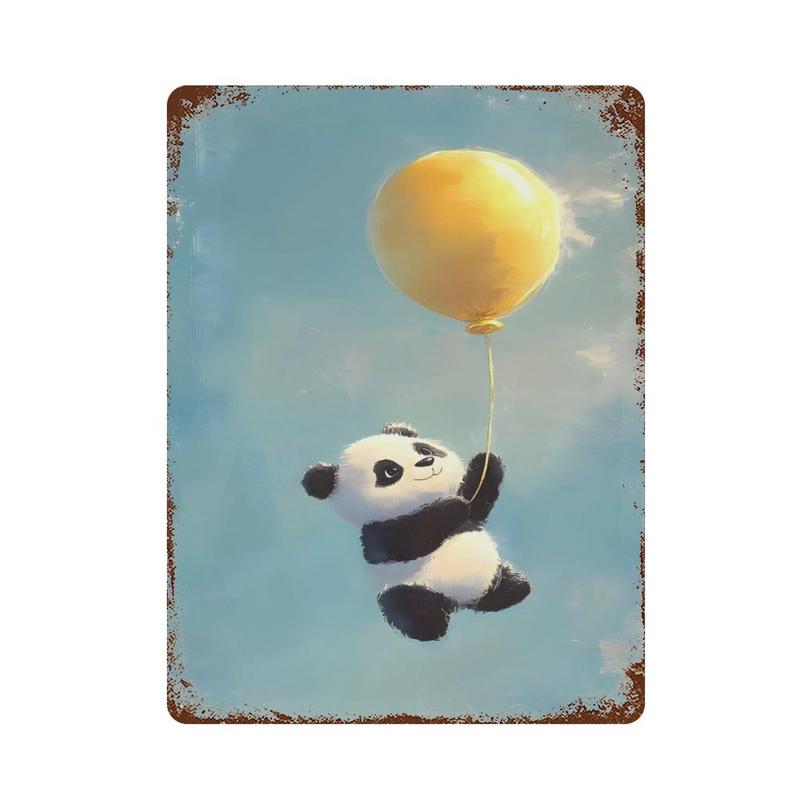 Panda Bear with Yellow Balloon Distressed Metal Wall Sign 15.7"x11.8", for Farmhouse, Kitchen And Entryway Decor, Rustic Home Decor