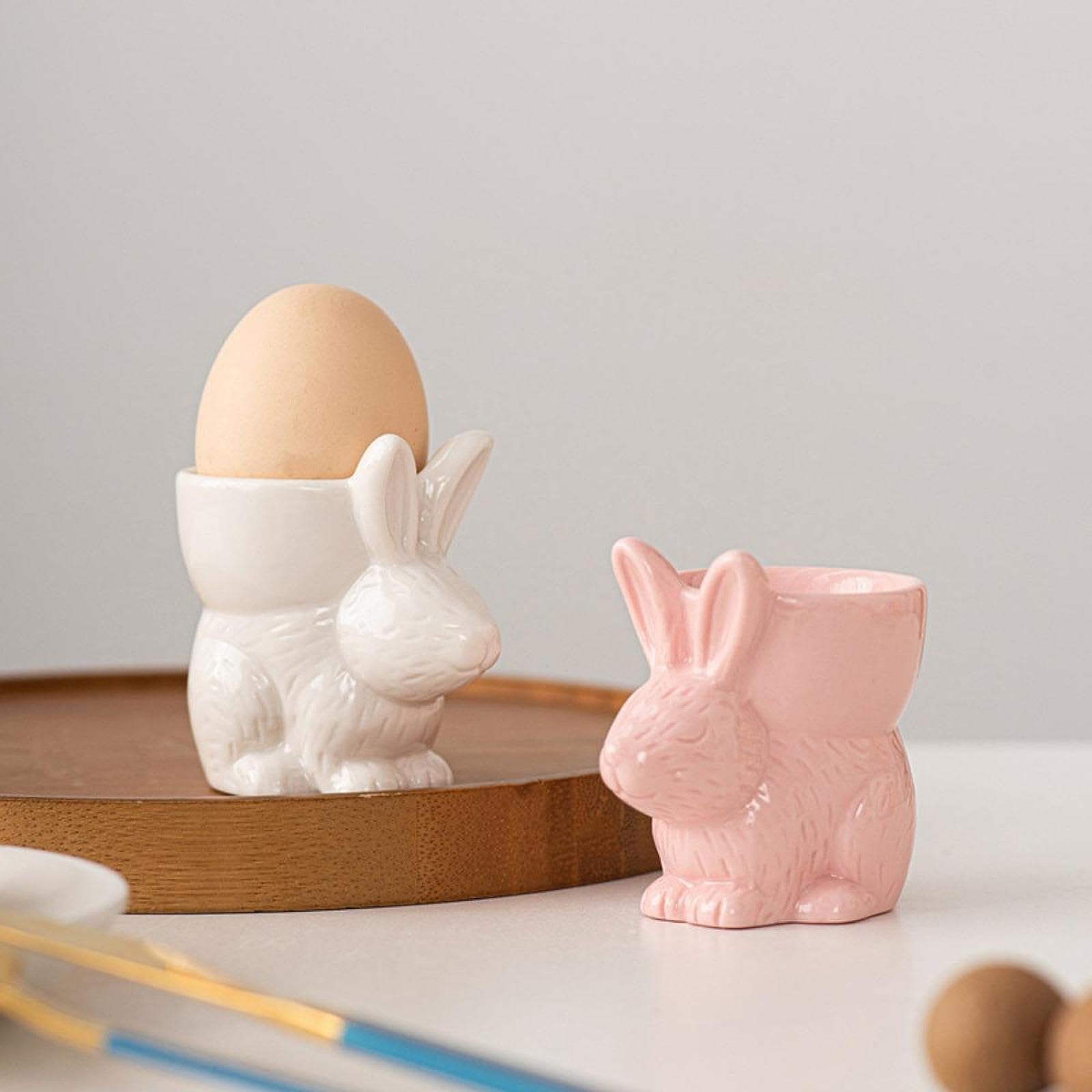 Gralara Huevera Decorativa de Cerámica con Forma de Conejo Sostenedor de Huevo Portahuevos Práctico para Mantener Huevos Durante La Comida, 5 Piezas