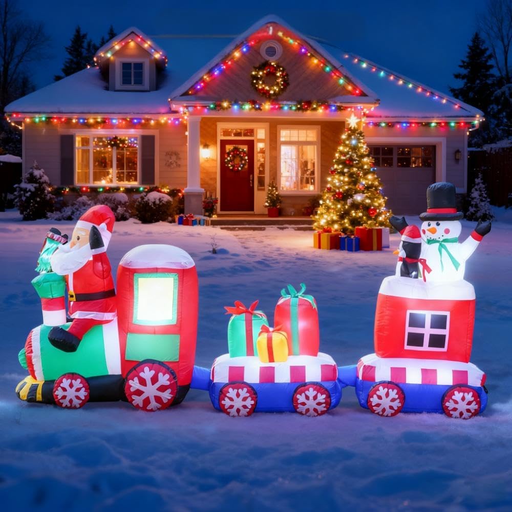 8 FT Christmas Inflatables Santa Train Inflatable,Snowman, Penguin, Gift Boxes,LED Christmas Train Inflatable Party Holiday Outdoor Garden Lawn Yard Decorations - Image 8