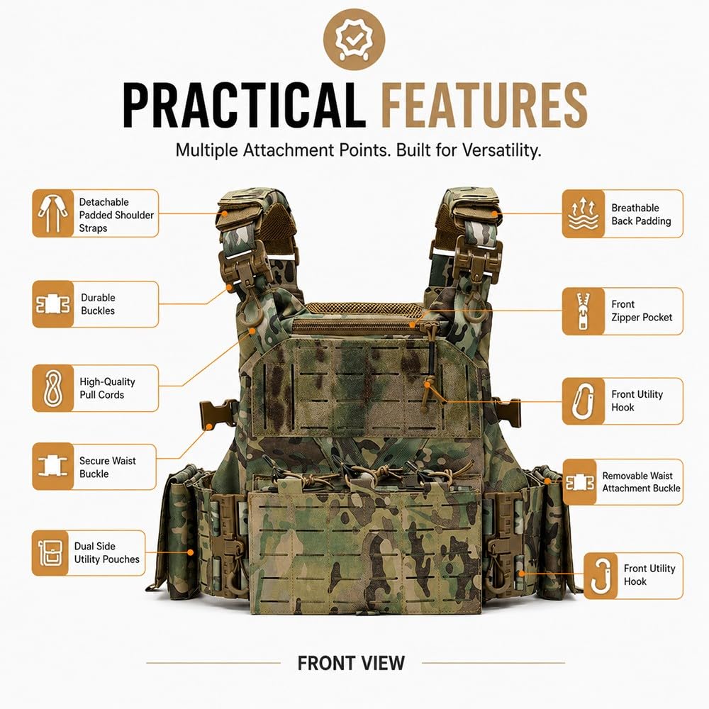 Chaleco Táctico Ligero Ajustable,Chaleco Airsoft De Poliéster 1000D con Bolsillos Modulares MOLLE para Paintball Caza Senderismo Entrenamiento Y Actividades Al Aire Libre