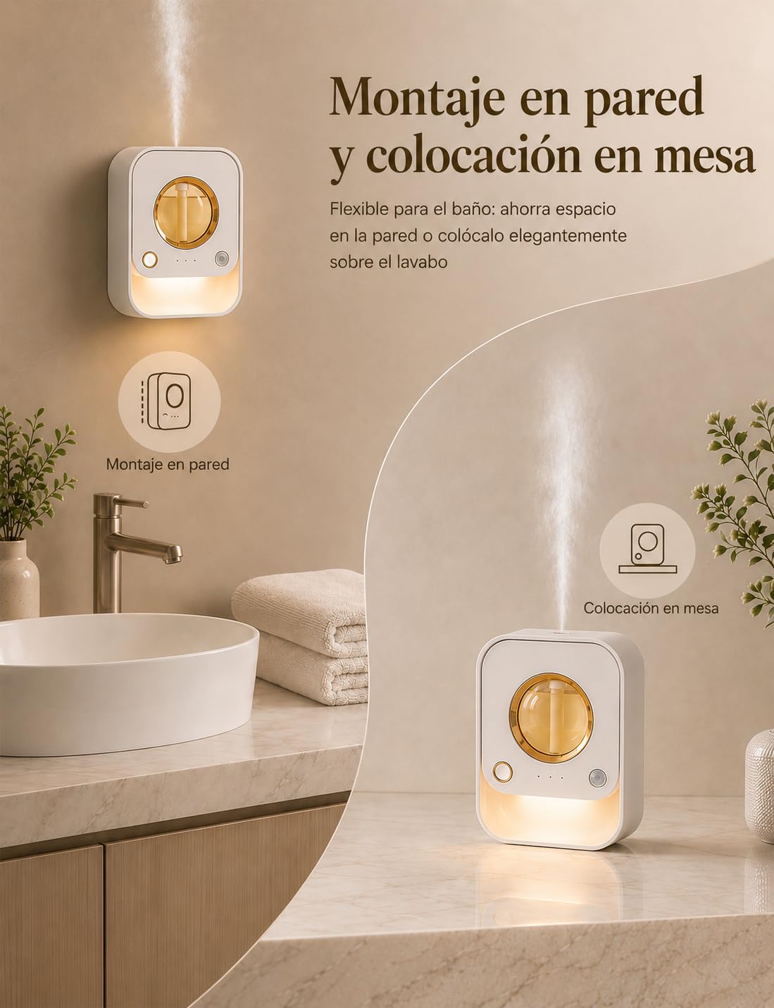 Difusor Aceites Esenciales de Mesa y Pared con Sensor de Movimiento, Luz Nocturna y Temporizador, Atomizador Ultrasónico Difusor de Aromas Sin Depósito de Agua, 50ml Naranja para Baño, Dormitorio