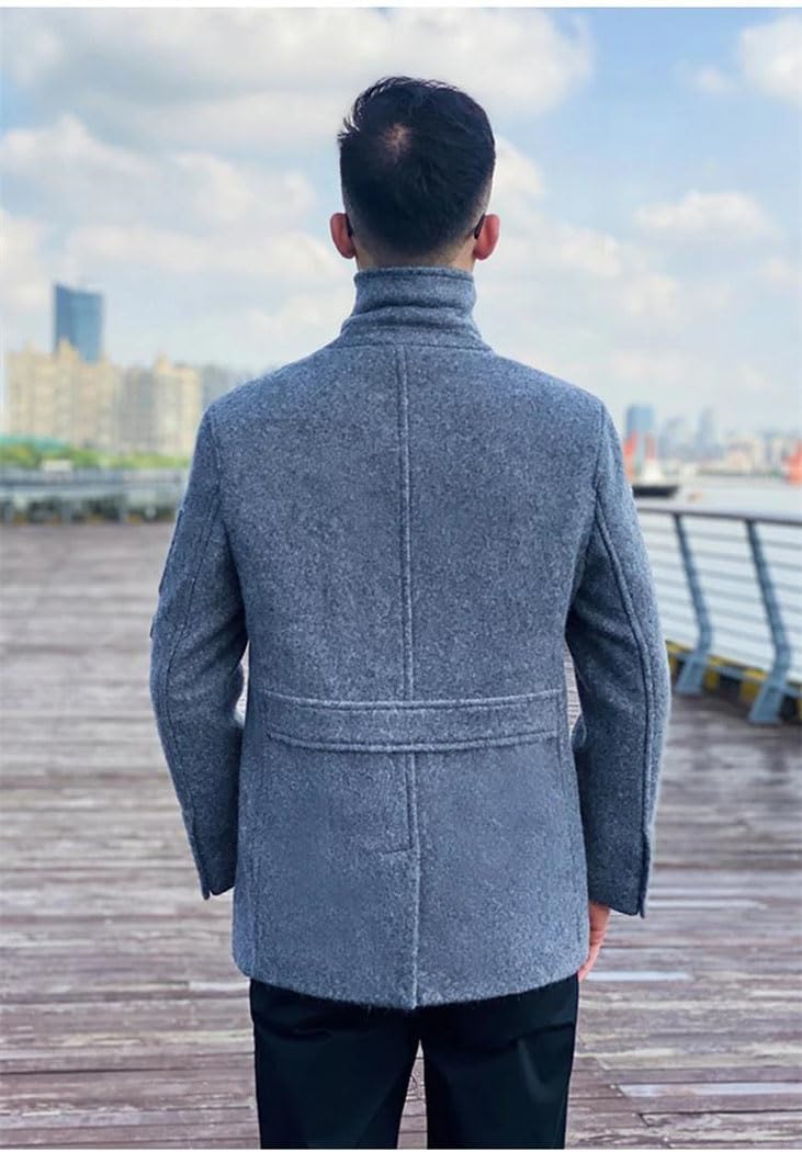 Men's Double Breasted Wool Pea Coat Short Winter Thickened Quilted Lined Warm Stand Collar Jacket