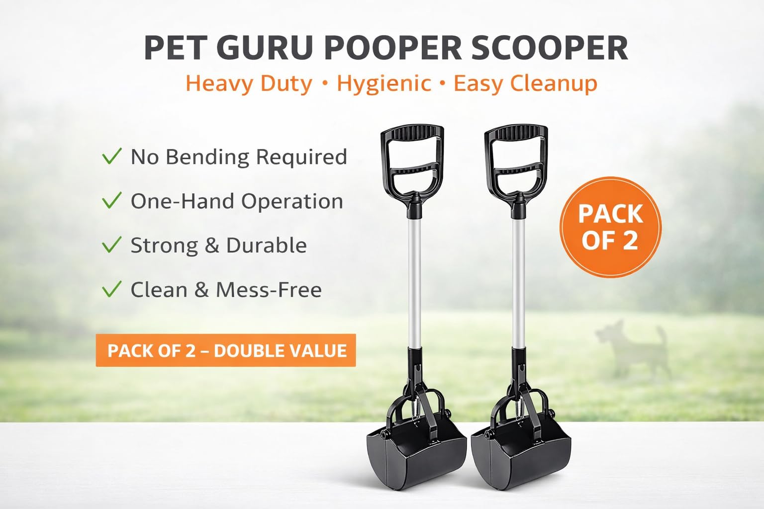 Pet Guru Lot de 2 ramasse-crottes en plastique robuste avec tige épaisse en aluminium, 71,1 cm