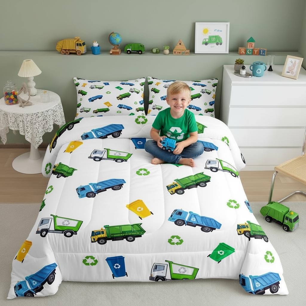 Juego de edredón de camión de basura, tamaño individual, juego de ropa de cama de coche de dibujos animados para niños, adolescentes, niñas, decoración de habitación infantil, suave, blanco, verde,