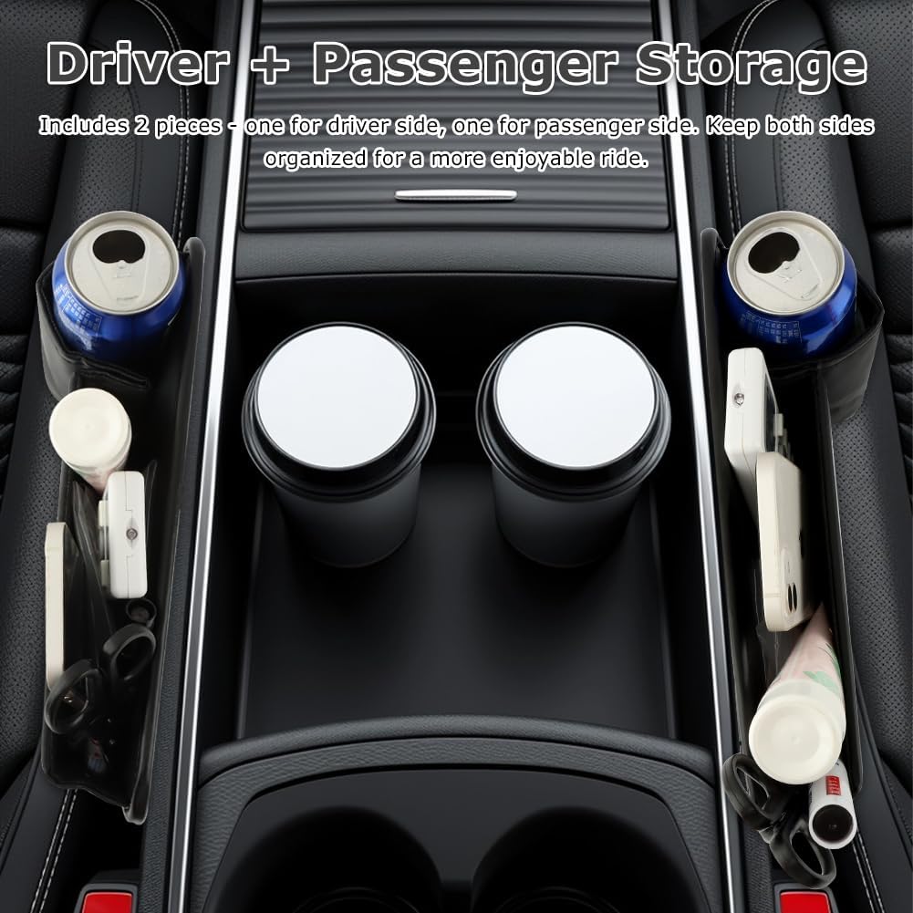 2-Pack Car Seat Gap Filler Organizer, Leather Storage Box with Cup Holder for Driver & Passenger Side, Gap Bag Front Seat Car Storage Accessories for Phone Keys Sunglasses Wallet(COLOR:Black)