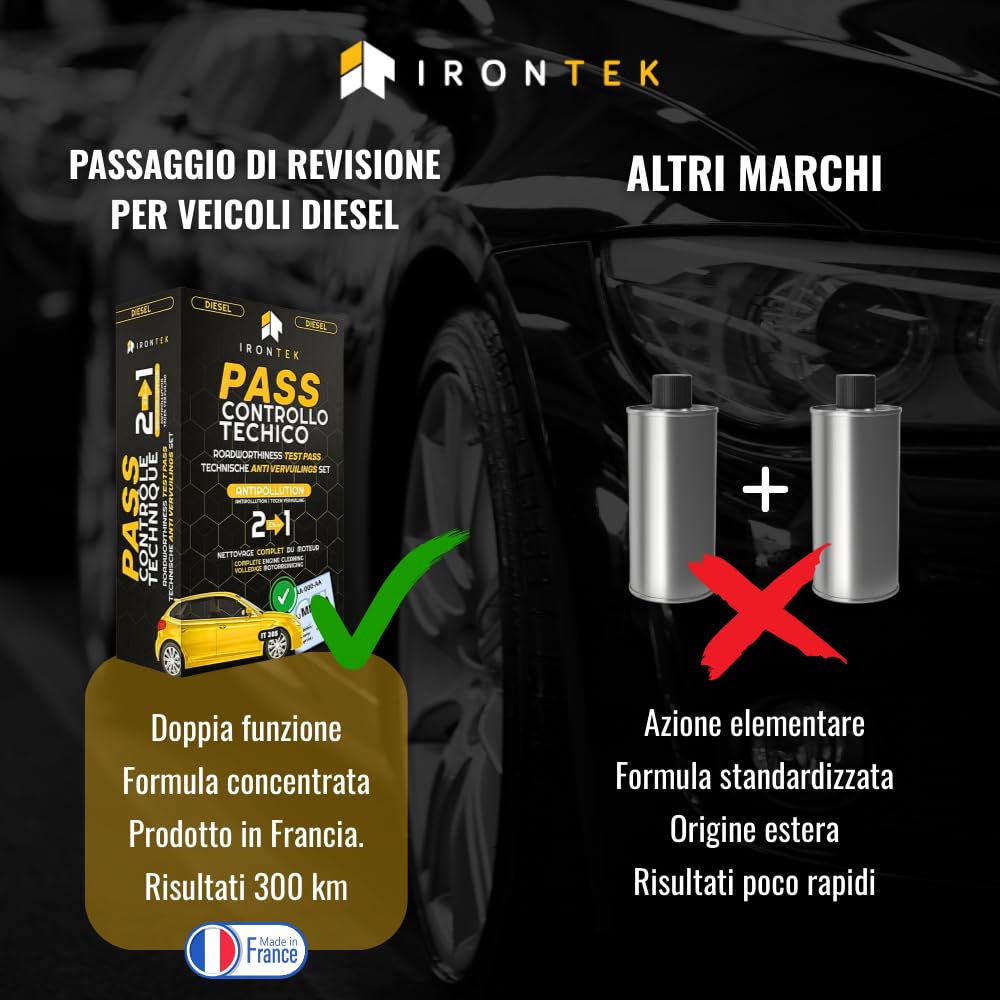 Kit Additivo Diesel Pass Controllo Tecnico - IRONTEK - 2x300ml | IT205 | Pulitore Iniettori | Trattamento Olio Motore | Riduce Emissioni | Azione in 300 km