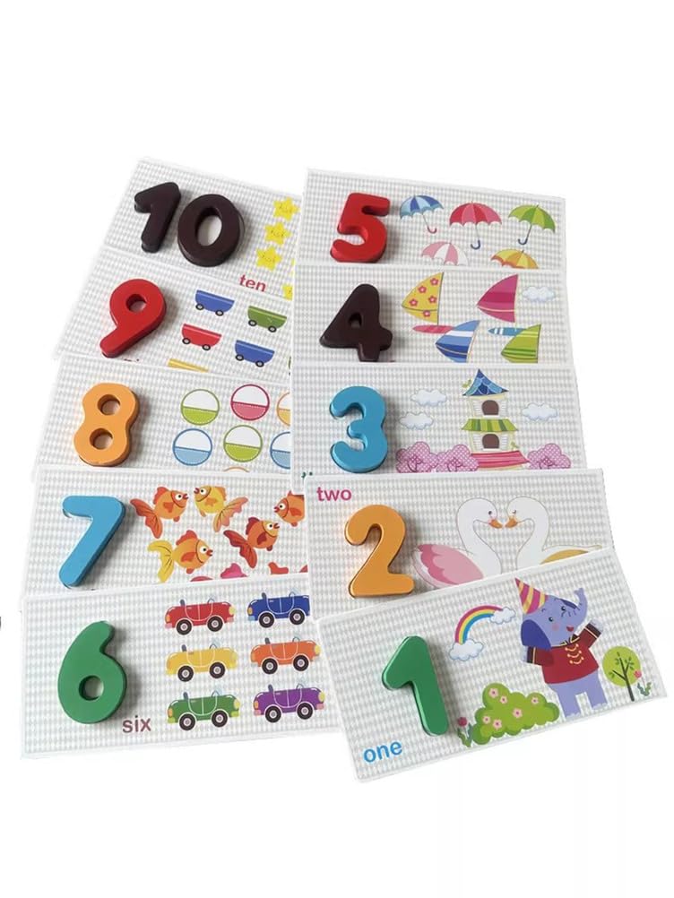 Montessori - Tarjetas de aprendizaje de números, rompecabezas de reconocimiento de números con imagen