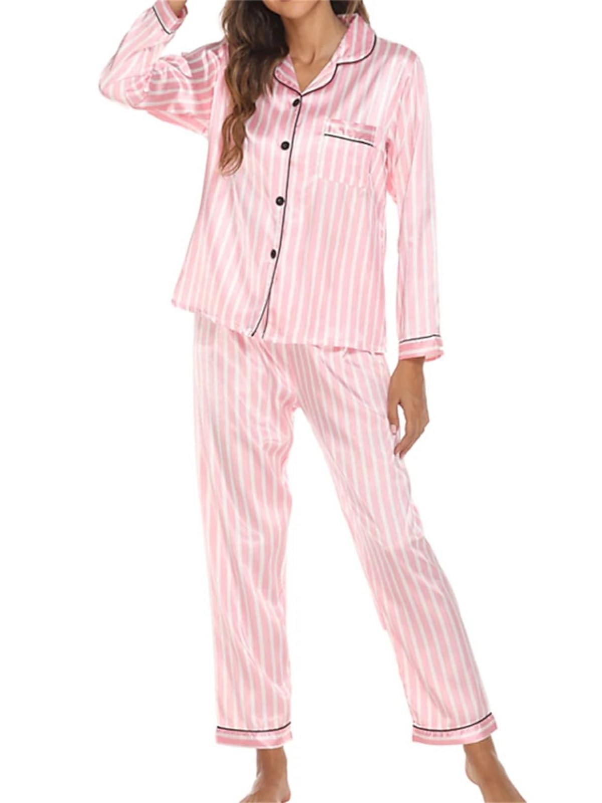 Pyjamas pour Femmes Ensembles Pjs 2 pièces Mode Confort Accueil Satin Revers Pantalon à Manches Longues Bouton Automne Printemps,Style 3,L