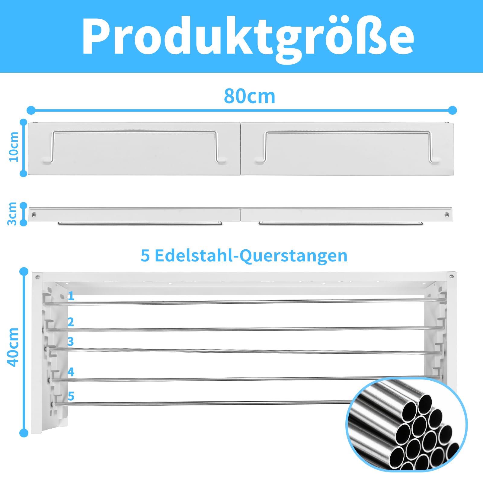 OUUTMEE Stendibiancheria da parete retrattile pieghevole in acciaio al carbonio e acciaio inossidabile, 80 cm, 5 linee di sospensione, per interni ed esterni, bianca