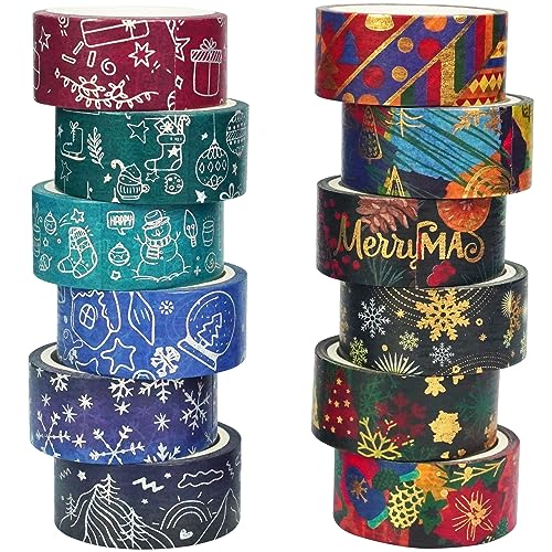 YUBX Christmas Washi Tape Set 12 Rolls Winter Embellishment Basic Silver Gold Foil Decorative Masking Tapes for Arts DIY Crafts Journals Planners Scrapbook Wrapping (Xmas Winter)