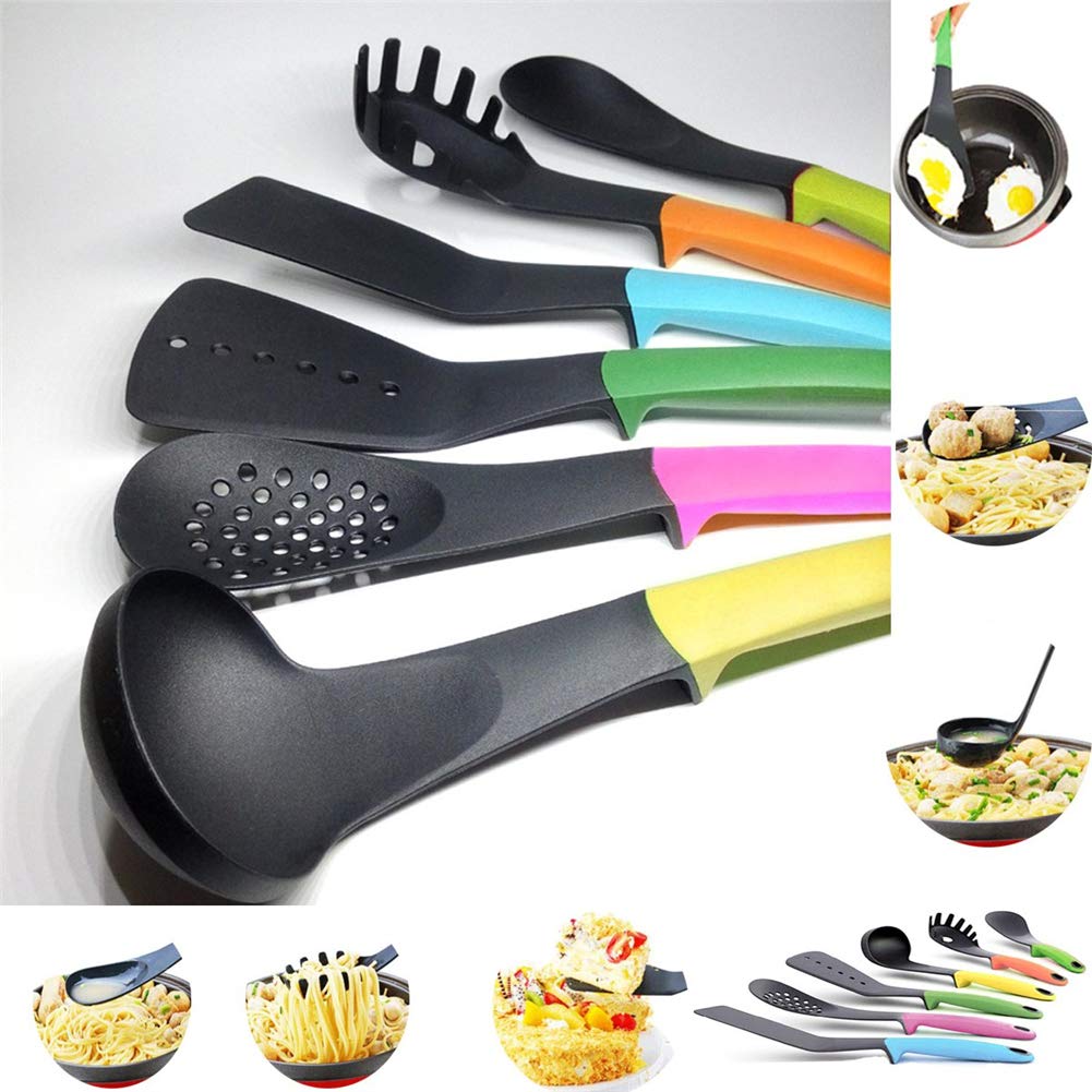 6-teilig Kochgeschirr Set, Küchenutensiliendrehbarem Gestell inkl Schlitzlöffel, Löffel, Pfannenwender, etc. Edelstahl Silikon Kochwerkzeuge, Hitzebeständig Kochbesteck