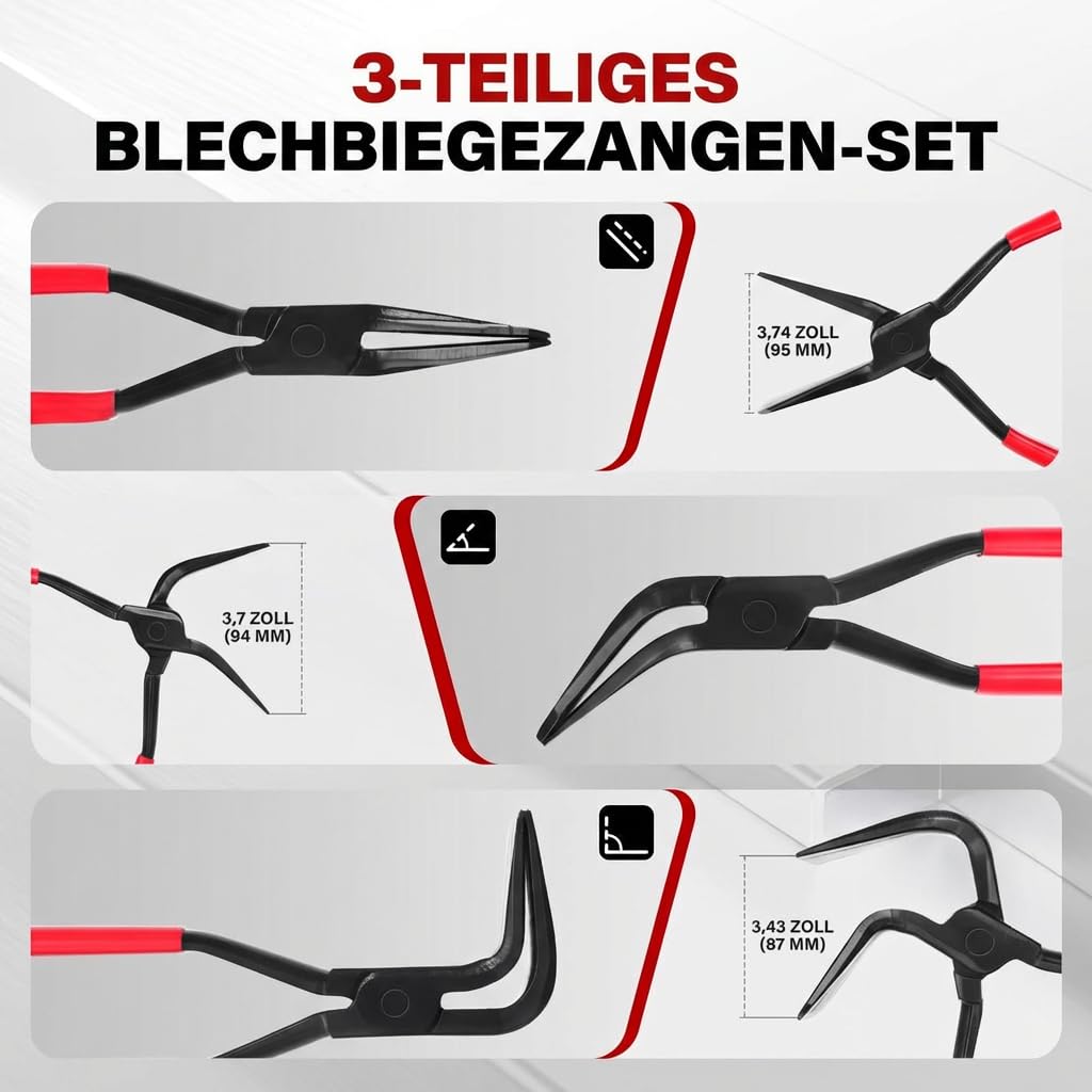 BILITOOLS 3-tlg. Falzzangen Set, Blechbiege- & Abkantzange gerade/45°/90° | für KFZ-Karosserie & Spengler, 60 mm Backenbreite, C-Stahl geschmiedet, mit rutschfestem Komfortgriff