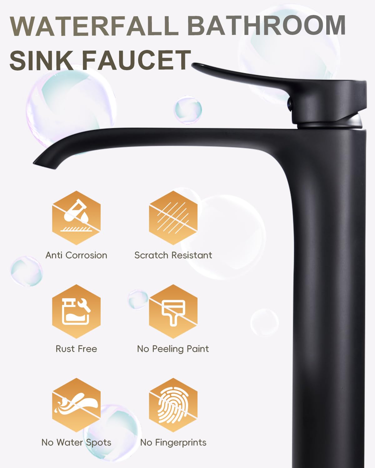 Miscelatore per lavabo da bagno nero opaco alto con cascata singola, rubinetto lavabo monocomando da appoggio, miscelatore in ottone