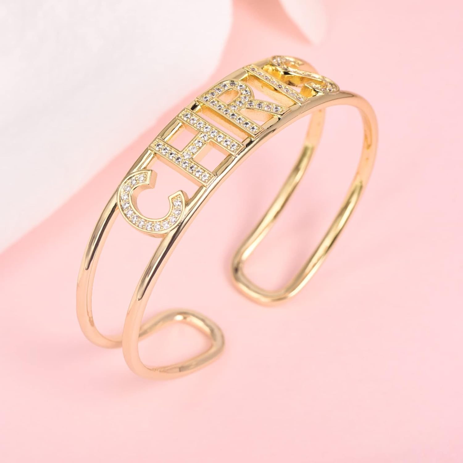 BlingSparkle Name Bracelet Personalized for Women Charm Bracelet 18K Gold Plated Cuff Bracelets with Heart Custom Nameplate with Any Words Jewelry Gift for Teen Girls