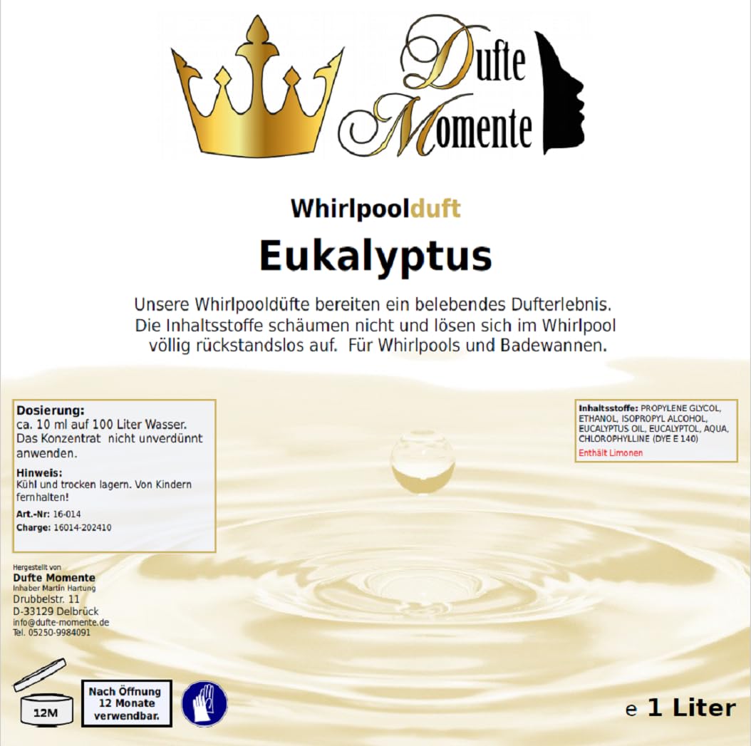 Dufte Momente | Whirlpool Duft Eukalyptus 1.000ml | mit naturreinen und natürlichen ätherischen Ölen | kein Schaum | vegan und ohne Tierversuche