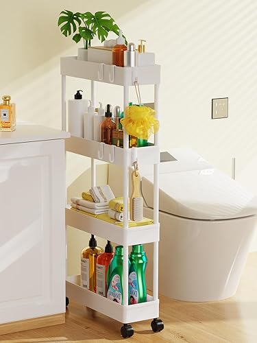 Miniatura 6 de LEHOM Carrito de almacenamiento delgado de 5.1 pulgadas, organizador de baño de 4 niveles, estantería móvil, carrito rodante, organizador deslizante