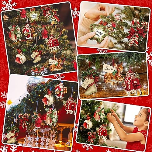 Image of Geelin 24 Pcs Vintage Christmas Ornaments Victorian Xmas Tree Decorations | Santa Claus Candy Cane Wood Cutouts, Retro Christmas Decorations for Xmas Tree Mantel Home Party Holiday Decor