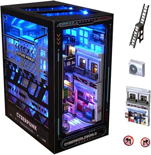 Cjeuxnr Kit de rincón de libros para casa de muñecas en miniatura, decoración de estantería, rompecabezas de madera 3D, kit en miniatura con luz LED