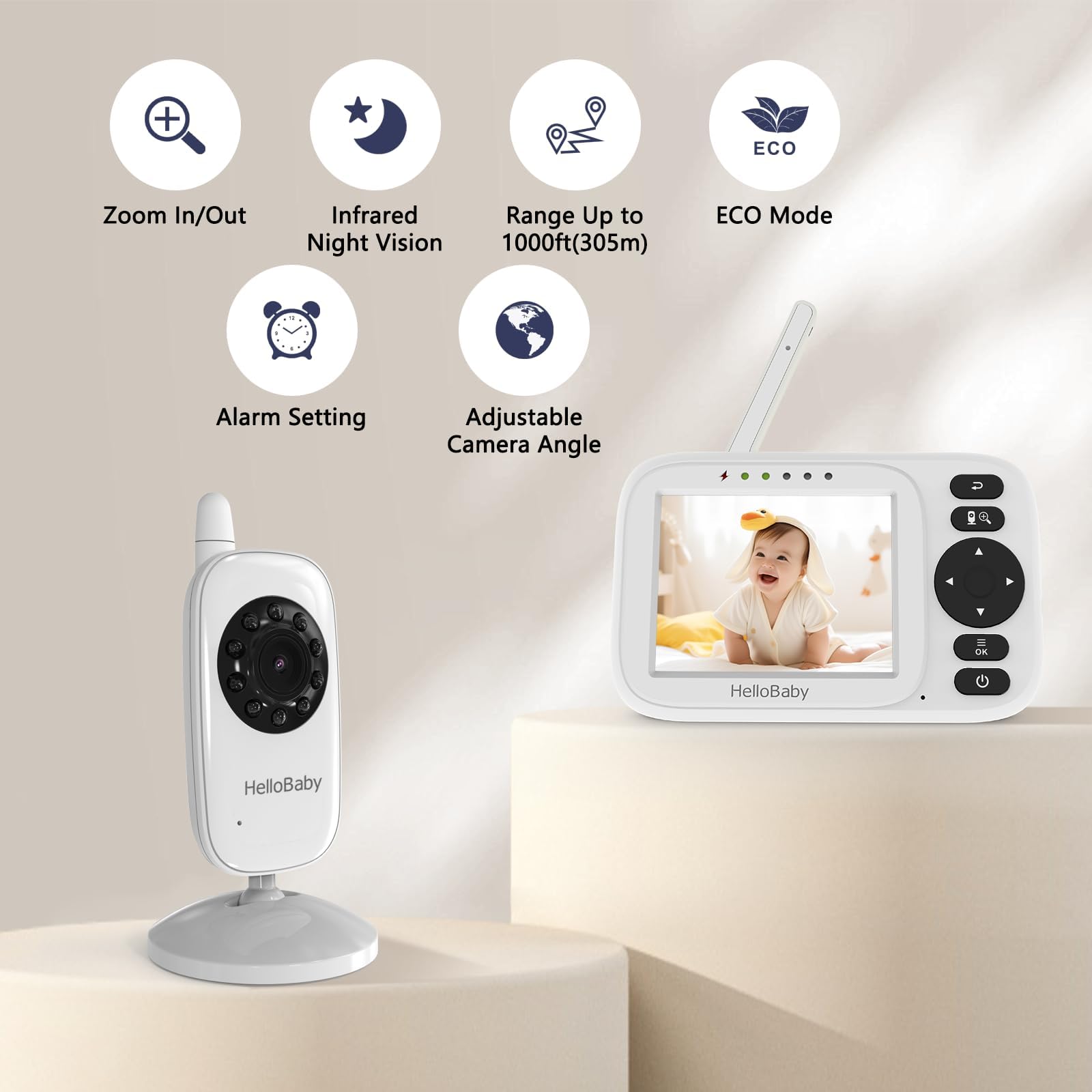 HelloBaby Baby Monitor con Video e Audio, 3.2" IPS Schermo, Zoom Digitale 2X, Visione Notturna, ECO/VOX, Promemoria Poppate, 8 Lingue, Carica USB,Portata 300m