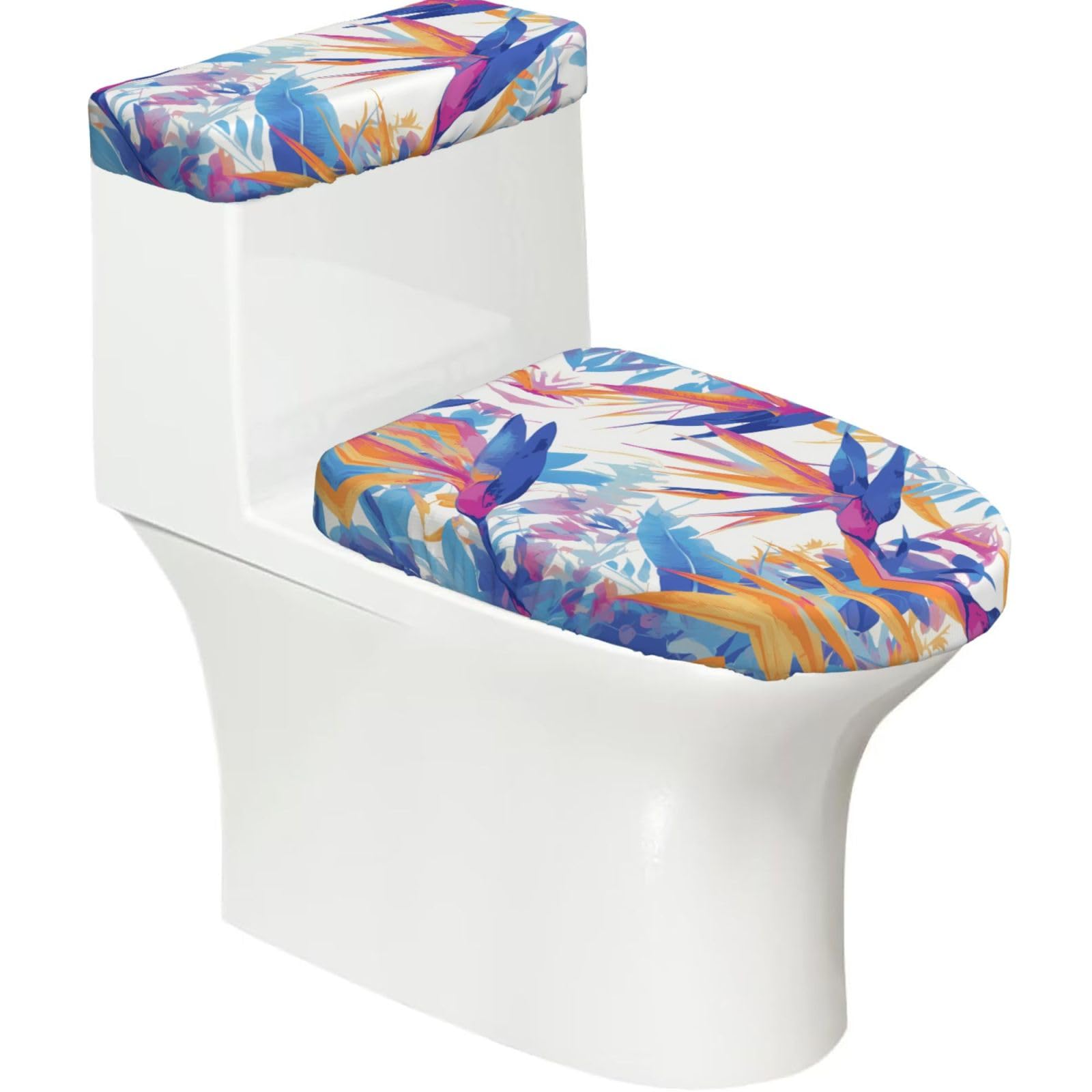 Colorful Leaves 2-Piece Toilet Seat Cover Set with Tank Lid - Elastic for U-Shape & Elongated - Bathroom Decor