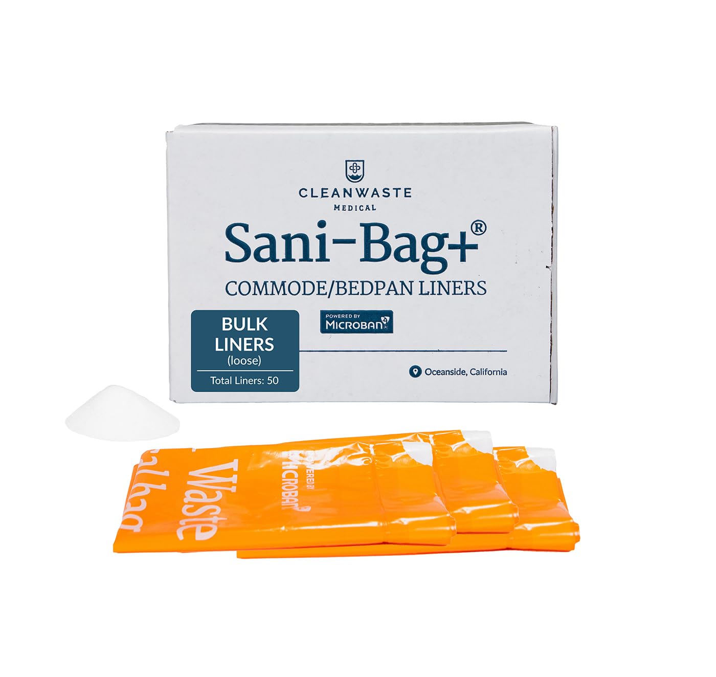 Cleanwaste Medical Sani-Bag+ Revestimientos de inodoro con Microban (a granel, 50 unidades) – Polvo gelificante extra absorbente para excremento/orina – Sin olor y sin fugas – para cuidado de la salud