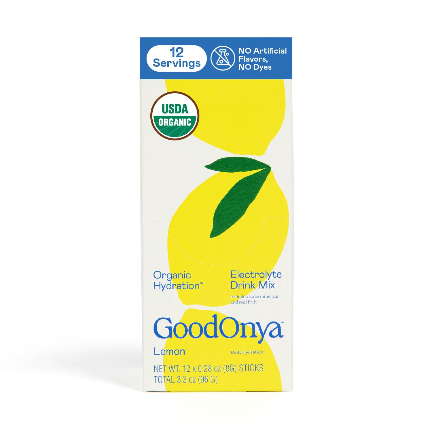 GOODONYA Organic Hydration Electrolyte Drink Mix, Certified Organic Hydration Powder, Non-GMO, Biochecked Glyphosate Free, Low Sugar, Lemonade Flavor, No Artificial Flavors,12 Stick PacksUSDA Organic