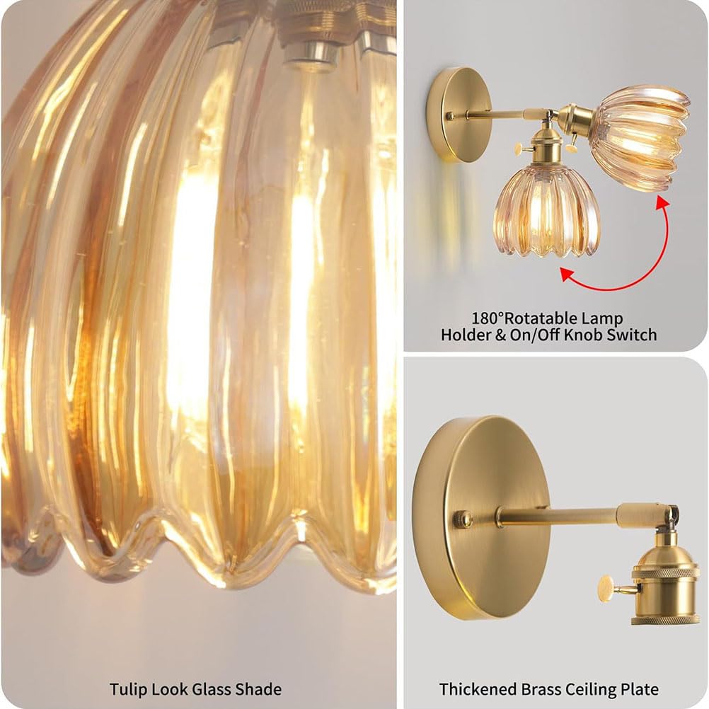 AoLa E27 Vintage Kinkiet wewnętrzny, regulowany w zakresie 180° kinkiet do czytania złoty lamp ścienna z włącznikiem i abażurem w kształcie tulipana lampka nocna do sypialni salonu łazienki