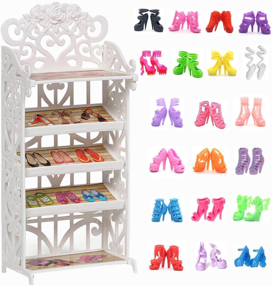 1 Doll Shoes Rack + 20 Pairs Doll Shoes Different Assorted Colors High Heel Shoes Doll Boots Flat Shoes Set Replacement for 11.5 inch Doll (Doll Rack & Shoes)