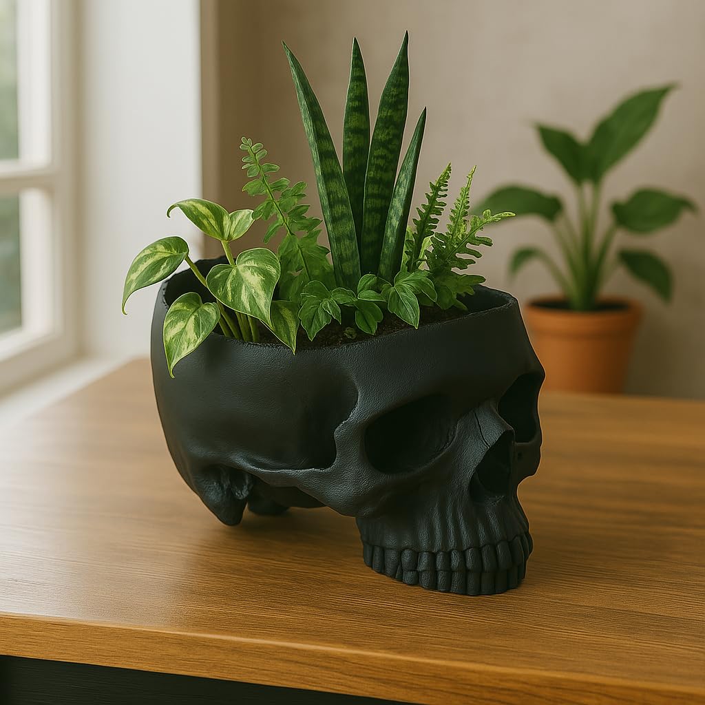 Skull Shaped Planter & Organizer - 3D Printed PETG Resin - Multipurpose Gothic Decor for Plants, Keys & Trinkets - Unique Skull Vase (Black)