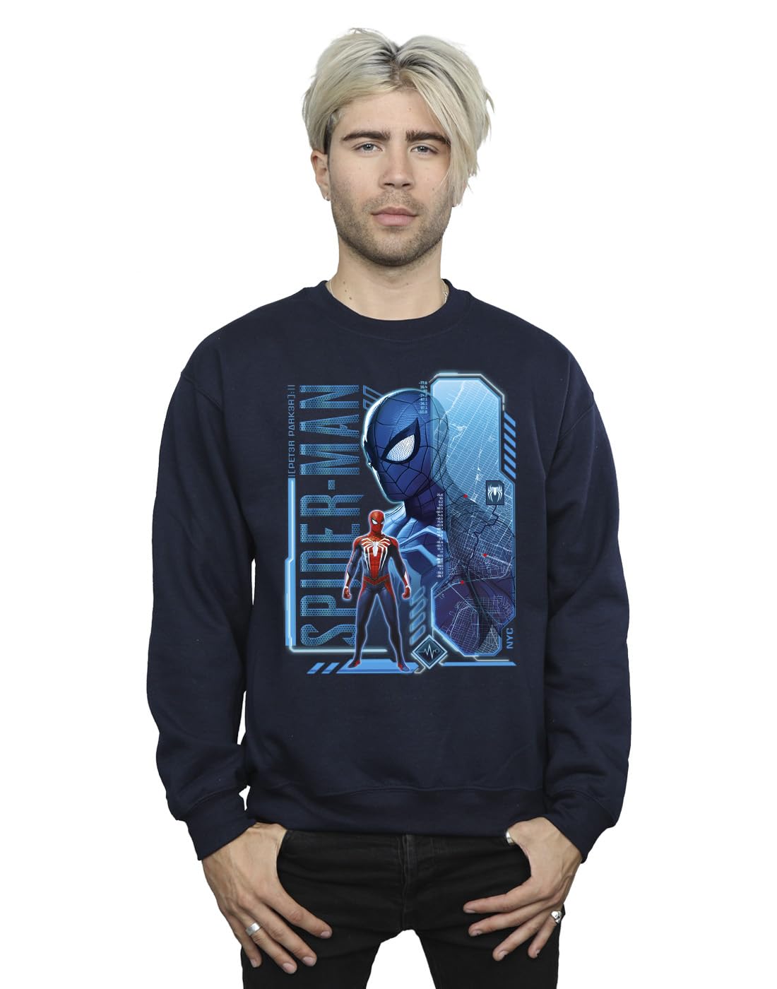 Absolute Cult Men's Navy Blue Marvel Spider-Man Nyc Sweatshirt XX-Large