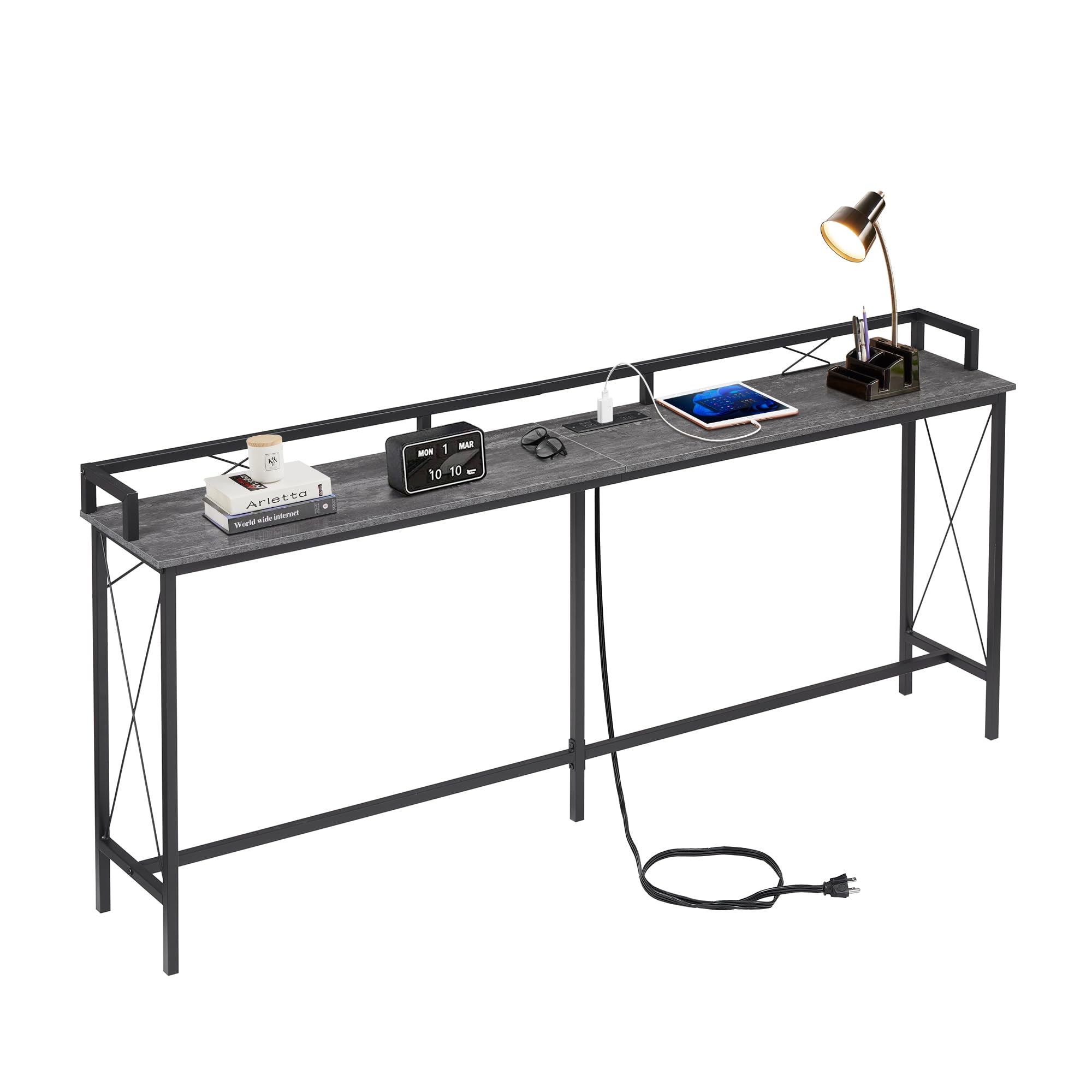 VECELO Couch Side & Console Table with 2 Outlets and USB Ports, 70.9 Inches, Rustic Gray