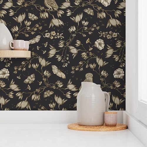 Miniatura 8 de Spoonflower Muestro de papel tapiz extraíble - Búho acuarela pájaro negro mariposa bosque oro margarita papel pintado personalizado pre-pegado