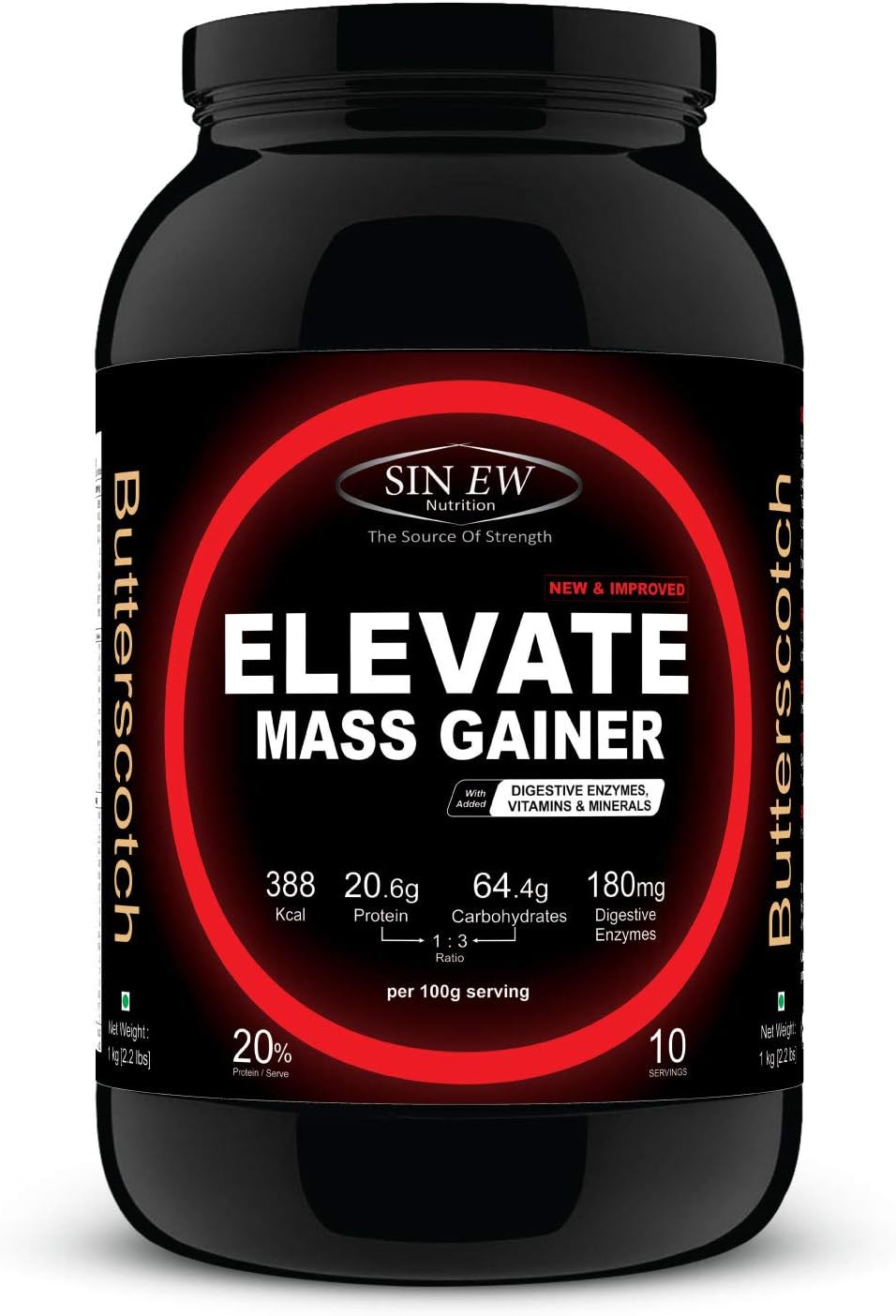 Sinew Nutrition Elevate Mass Gainer with Digestive Enzymes - 1 kg (Butterscotch)