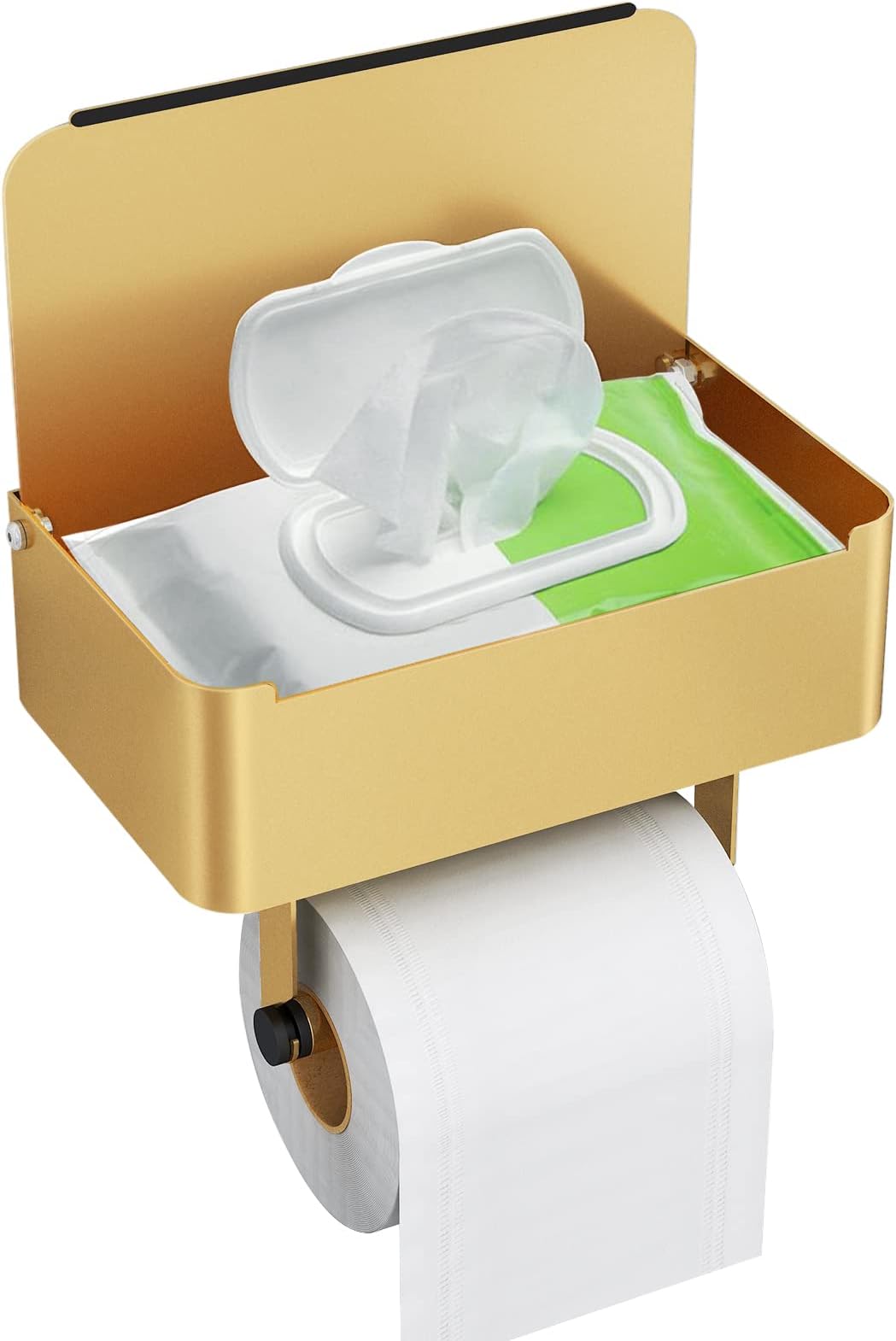 JUYSON Toilet Paper Holder with Shelf, Flushable Wipes Dispenser Fits for Bathroom Wipe Storage, Keep Your Wipes Hidden Out of Sight - SUS304 Stainless Steel Wall Mount Organizer (Color Gold)