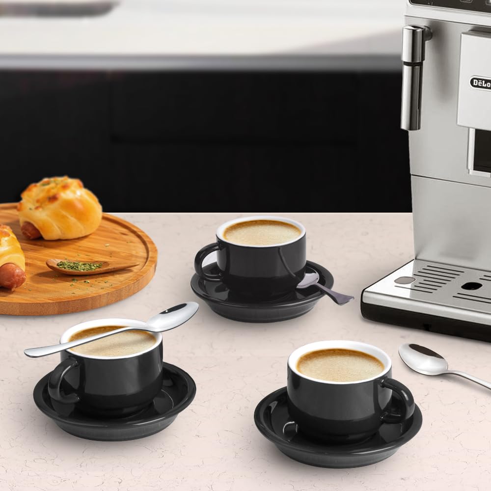 homEdge Juego de 4 tazas y platillos de café espresso prémium con cucharas de acero inoxidable para espresso, 2.5 onzas, color negro