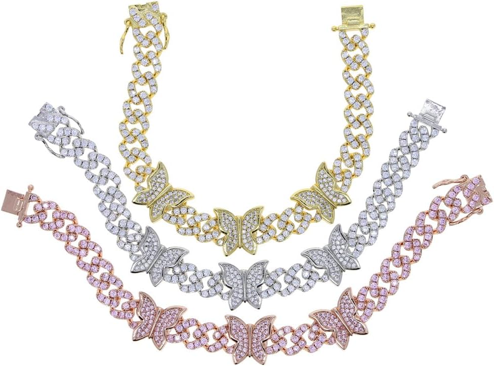 Solid Gold over S925 Sterling Silver 9mm Butterfly Charm Moissanite Bracelet, Full Shine Design with Intricate Details, Feminine Gift for Her