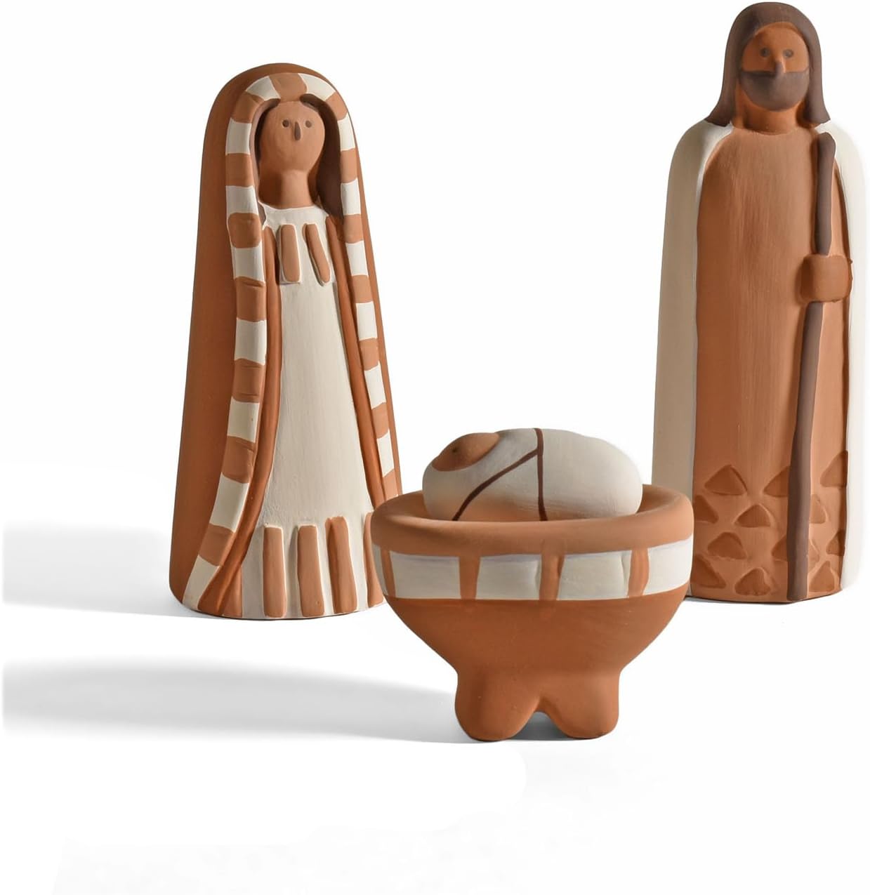 Handpainted Terra Cotta 3-Piece Nativity Set, Joseph, Mary, Baby Jesus