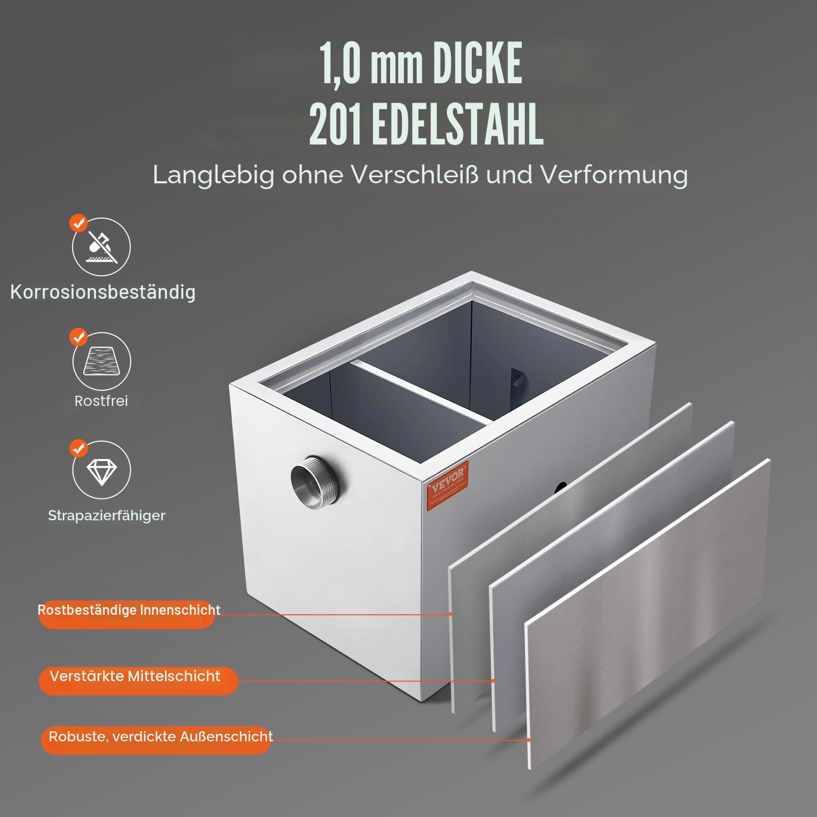VEVOR Kommerzieller Fettabscheider, 8 lbs Fettabscheider, Seitlicher Einlassabscheider, Fettabscheider aus Edelstahl Unter der Spüle, 2,8 GPM Abwasser-Öl-Wasser-Abscheider, für Restaurant usw.