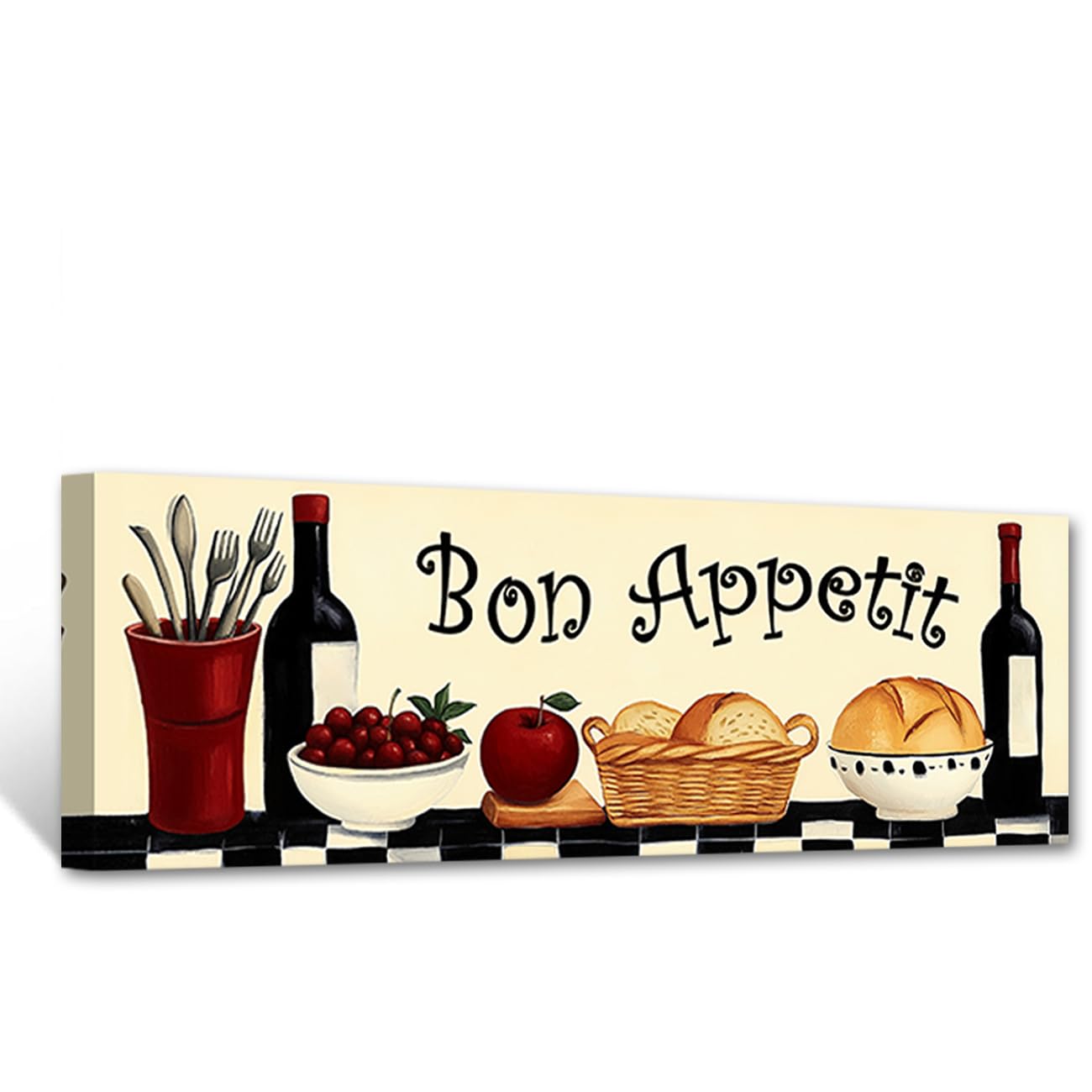 CXHOSTENT Kitchen Canvas Wall Art Bon Appetit Picture Vintage Dining Room Decor Wine Bread Fruit Print Retro Food Posters Kitchen Decor Framed (30L x 90W cm)