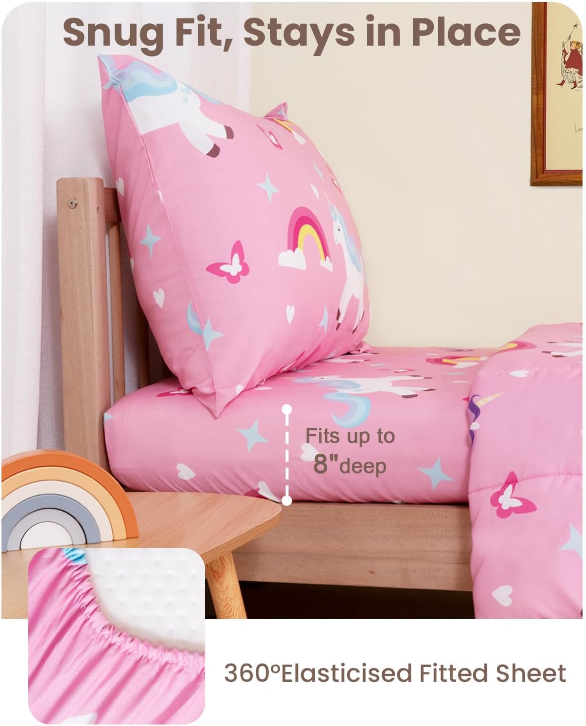 TinyPalsa Toddler Bedding Set, 4-Piece Pink Rainbow Pony Comforter Set for Girls and Boys, Breathable Crib Bedding Includes Ultra-Soft Quilt, Flat & Fitted Sheets, Pillowcase