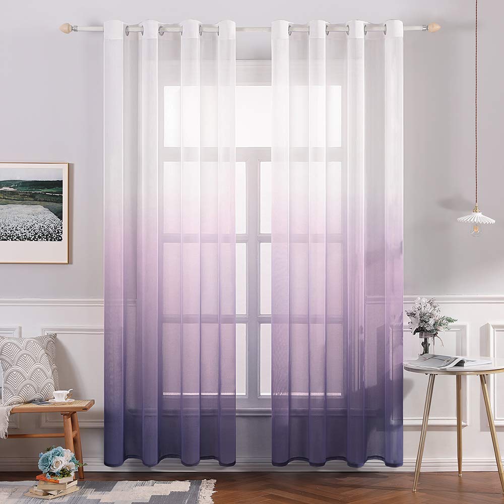 MIULEE Cortina Translúcida Visillo Gradiente Color Degradado Dos Paneles de Ojales Plateados Gasa para Ventanas Habitacion Dormitorio Cocina Sala de Estar 140x145cm Gradiente Vertical Violeta