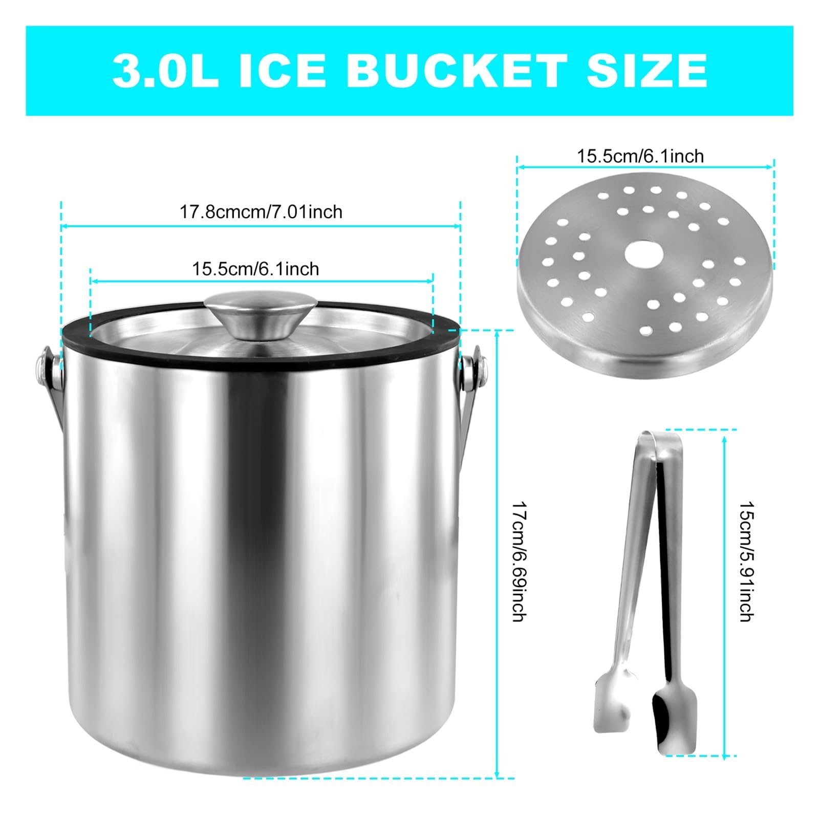 Cubo de Hielo con Tapa, colador y Pinzas, de Acero Inoxidable de Doble Pared, con Aislamiento, 2,0 l/3,0 l, Buen Sellado. para Bar, Cumpleaños, Fiestas(3L)