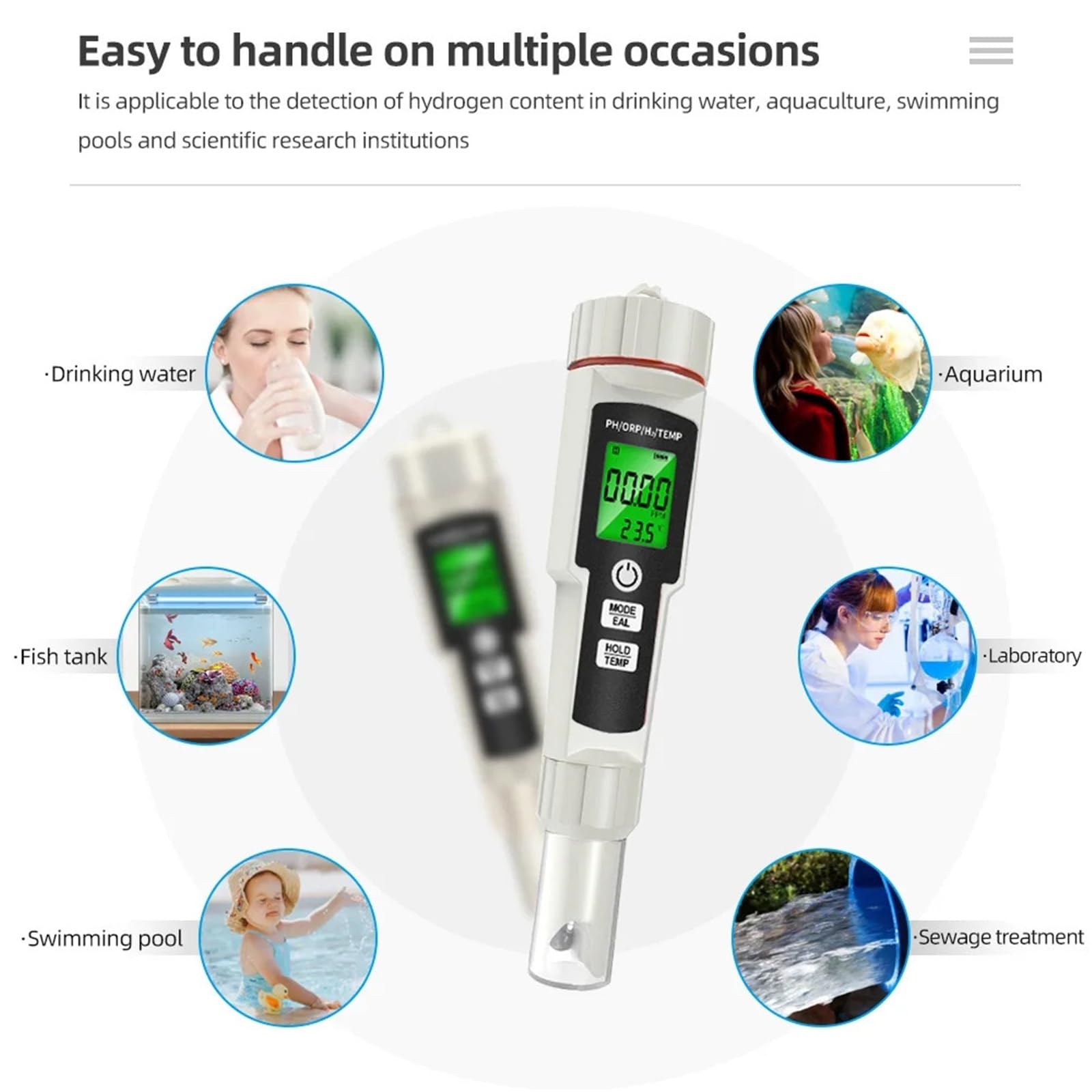 Misuratore di pH 4 in 1, tester arricchito idrogeno, retroilluminazione, ORP, H2, TEMP, penna prova portatile, rilevatore qualità acqua for acquario da piscina,Multifunzionale